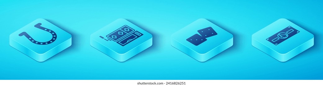 Set Isometric Horseshoe, Slot machine, Stacks paper money cash and Game dice icon. Vector