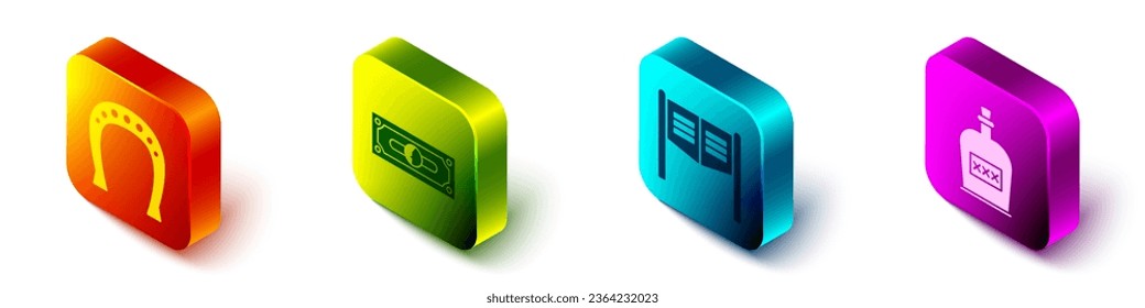 Set Isometric Horseshoe, Stacks paper money cash, Saloon door and Alcohol drink Rum bottle icon. Vector