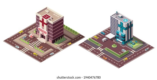 Set of isometric hospital and ambulance building mockup with signage, helicopter pad and transportation or ambulance van for first aid. Vector flat isolated infographic city element