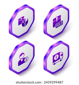 Set Isometric Hot price, Sold, Buyer and Armored truck icon. Purple hexagon button. Vector