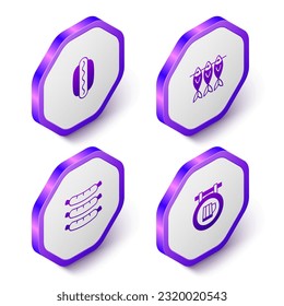 Set Isometric Hotdog sandwich, Dried fish, Sausage and Street signboard with beer icon. Purple hexagon button. Vector