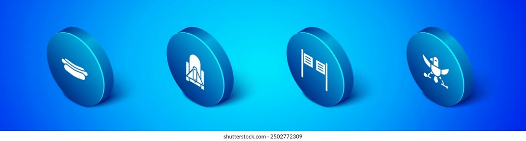 Set Isometric Hotdog sandwich, Saloon door, Eagle and Rocket launch from the spaceport icon. Vector