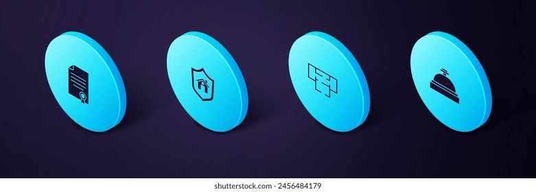 Set Isometric Hotel service bell, House plan, with shield and contract icon. Vector