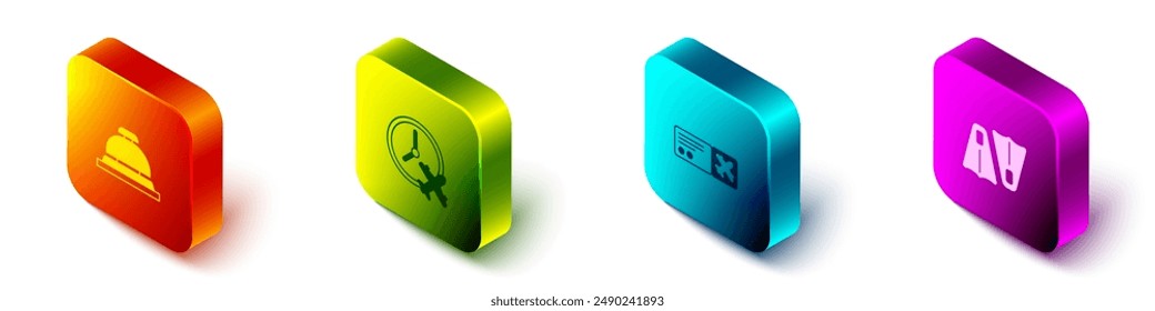 Set Isometric Hotel service bell, Clock with airplane, Airline ticket and Rubber flippers for swimming icon. Vector