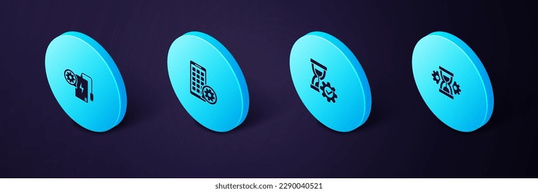 Establezca la configuración de Isometric Hourglass, , Mobile Apps y Power Bank icon. Vector