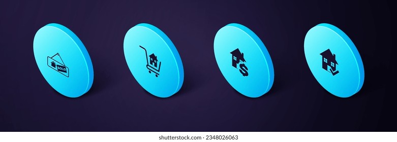 Establezca la Casa Isometric con marca de verificación, dólar, tienda de carros y señalización colgante icono de venta. Vector