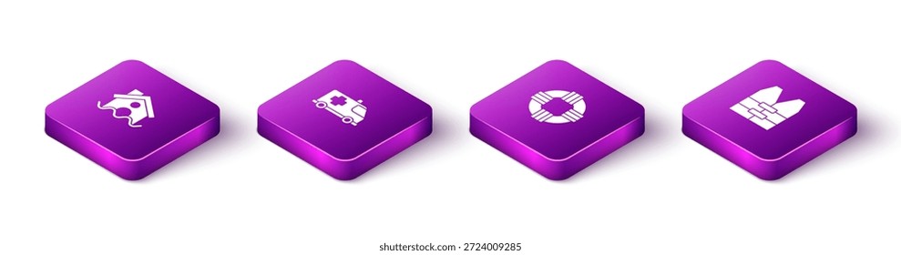 Conjunto de inundación isométrica de la casa, coche de emergencia, boya salvavidas e icono de la chaqueta. Vector