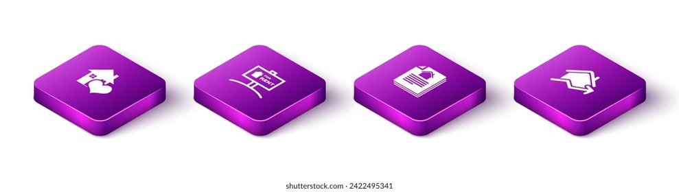 Establezca la Casa Isometric con forma cardíaca, Signo de colgante para alquiler, contrato y aumento del costo de la vivienda icono. Vector