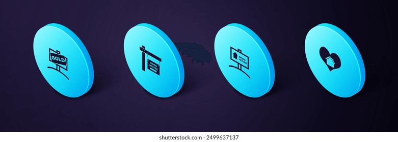 Conjunto de casa isométrica con forma de corazón, signo colgante, casa abierta e icono vendido. Vector