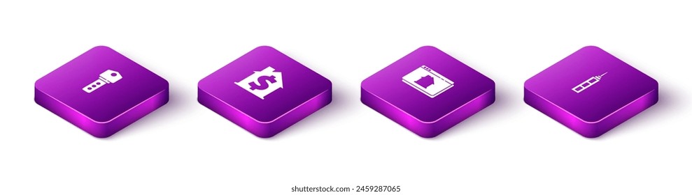 Establecer llave de casa isométrica, con símbolo de dólar, casa de bienes raíces en línea e icono de rascacielos. Vector