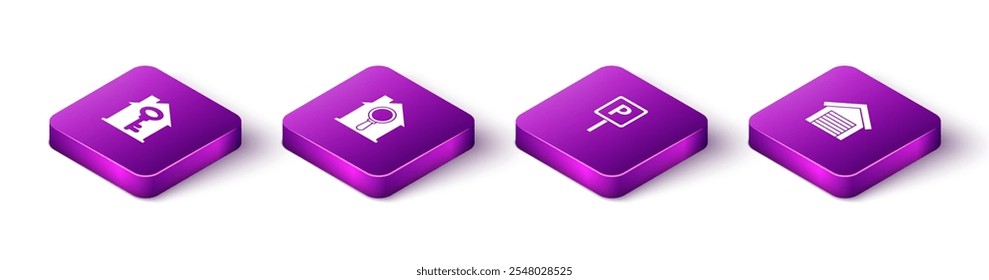 Set Isometric House with key, Search house, Parking and Garage icon. Vector