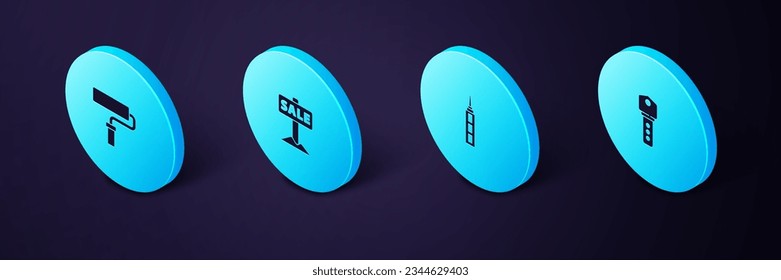 Set Isometric House key, Skyscraper, Hanging sign with Sale and Paint roller brush icon. Vector