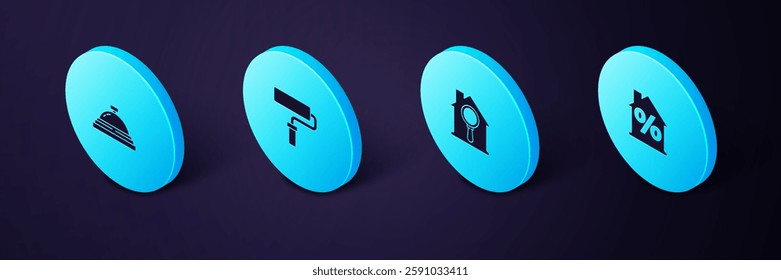 Set Isometric House with percant discount, Search house, Paint roller brush and Hotel service bell icon. Vector