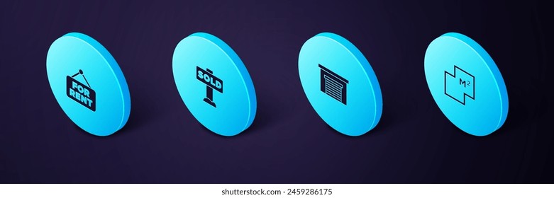 Set Isometrisches Haus Paket, Garage, Hängeschild mit Text Verkauft und Für Miete Symbol. Vektorgrafik
