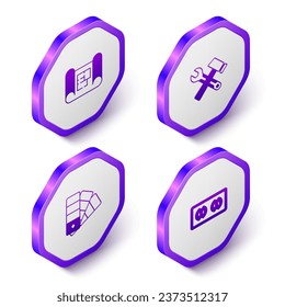 Set Isometric House plan, Hammer and wrench spanner, Color palette guide and Electrical outlet icon. Purple hexagon button. Vector