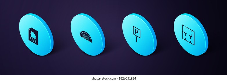 Indique el plano Isometric House, el estacionamiento, el garaje y el icono de contrato. Vector.