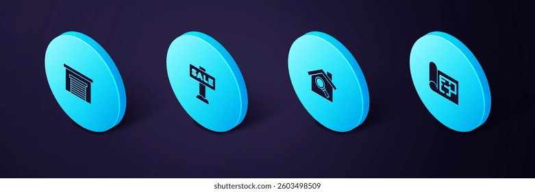 Set Isometric House plan, Search house, Hanging sign with Sale and Garage icon. Vector