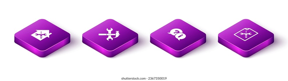 Set Isometric House service, Crossed hammer and wrench, Question Exclamation and File document icon. Vector