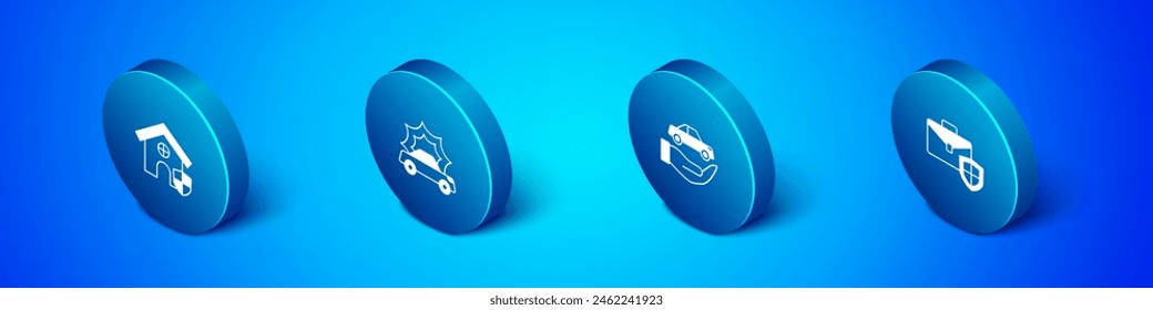 Set Isometric House with shield, Car insurance, Briefcase and accident icon. Vector