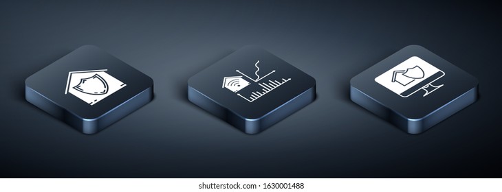 Set Isometric House under protection, Computer monitor with house under protection and Smart home with wi-fi icon. Vector