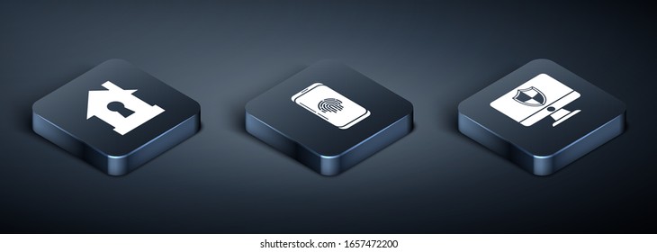 Stellen Sie das Isometric House unter Schutz , Computerbildschirm und Schild und Smartphone mit Fingerabdruck-Scanner-Symbol. Vektorillustration