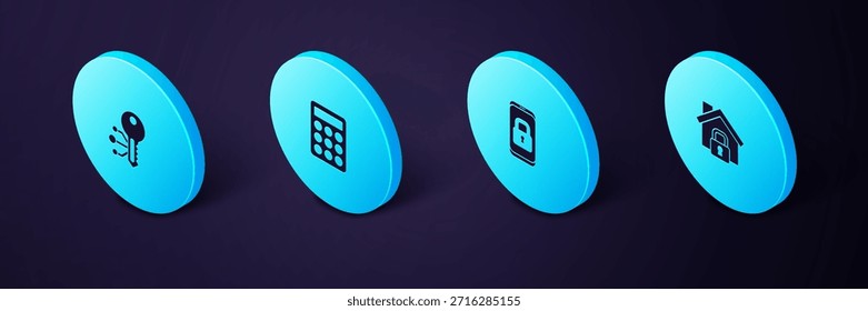 Conjunto de casa isométrica bajo protección, móvil con candado cerrado, Contraseña e icono de clave de criptomoneda. Vector