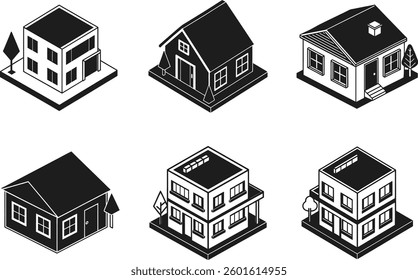 Set of Isometric House Vectors - Modern Black Architectural Illustrations