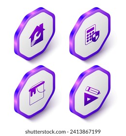 Set Isometric House with wrench spanner, Security keypad access panel, Paint bucket and Triangular ruler and pencil icon. Purple hexagon button. Vector