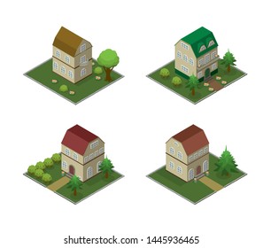 Set isometric houses. Cartoon buildings for village or city, infographic, game and advertising of real estate. Vector