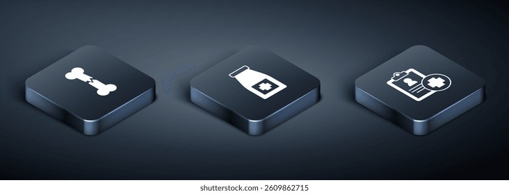 Set Isometric Human broken bone, Patient record and Medicine bottle and pills icon. Vector