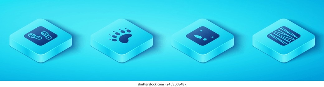 Set Isometric Human footprints shoes, Bear paw, Tire track and  icon. Vector