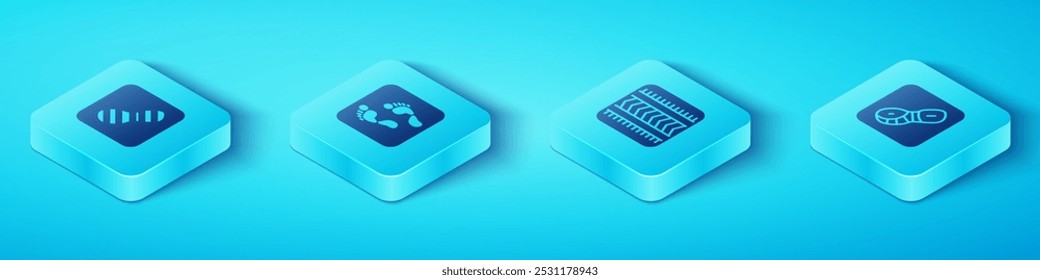 Set Isometric Human footprints shoes, ,  and Tire track icon. Vector