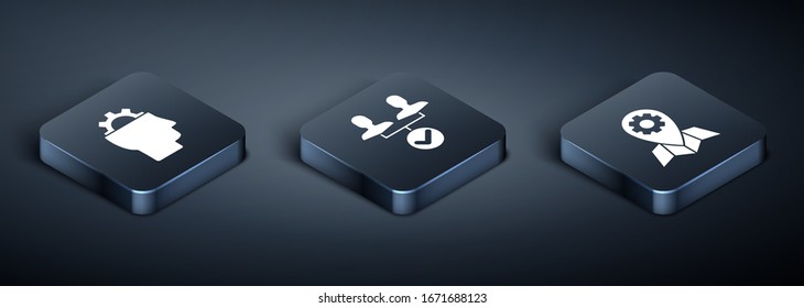 Establecer el humano isométrico con el engranaje dentro, el trabajo de ubicación y el icono de base del equipo de proyecto. Vector