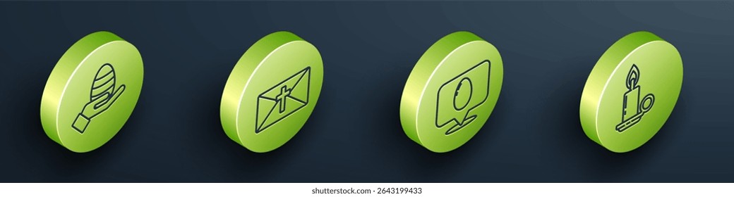 Set Isometric Human hand and easter egg, Greeting card with Happy Easter, Speech bubble with easter egg and Burning candle in candlestick icon. Vector