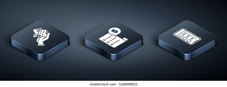 Set Isometric Human hand holding with credit card, Online shopping on mobile phone and Paper check and financial check icon. Vector
