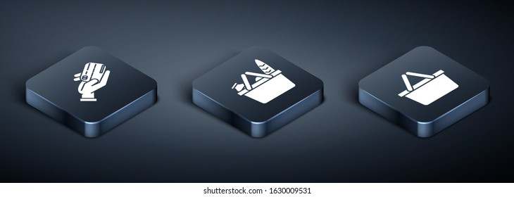 Set Isometric Human hand holding with credit card, Shopping basket and Shopping basket and food icon. Vector