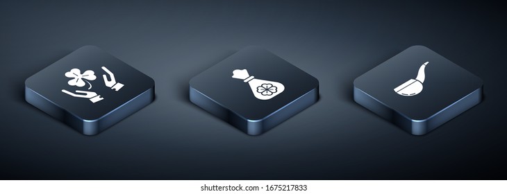 Set Isometric Human hands holding four leaf clover, Smoking pipe and Money bag with four leaf clover icon. Vector