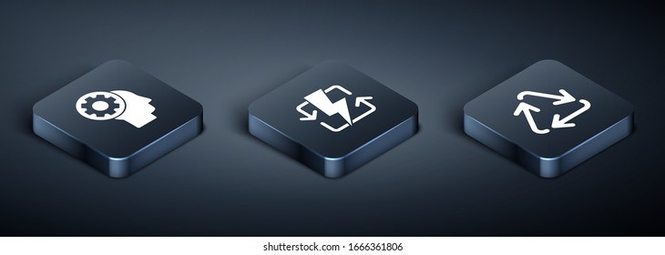 Set Isometric Human head with gear inside, Recycle symbol and Recharging icon. Vector