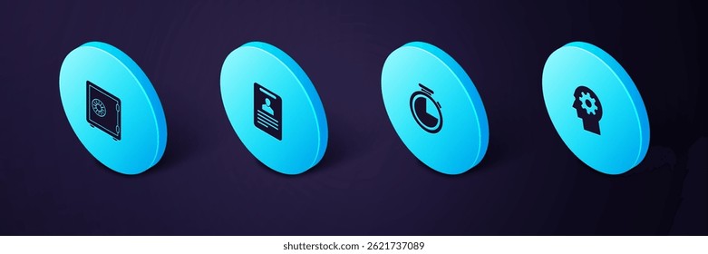 Set Isometric Human head with gear inside, Stopwatch, Identification badge and Safe icon. Vector