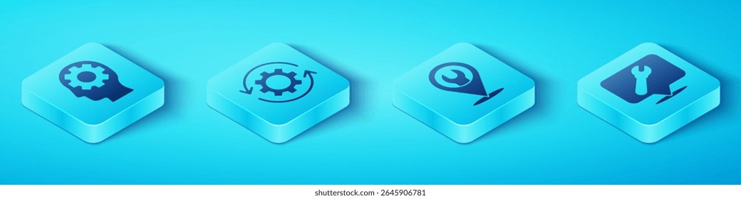 Set Isometric Human head with gear inside, Gear and arrows as workflow, Location with wrench spanner and Location with wrench spanner icon. Vector