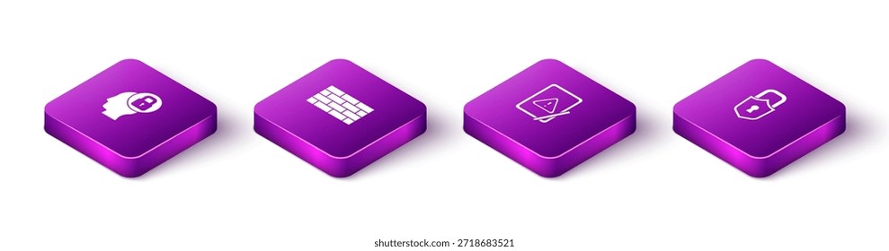 Cabeza humana isométrica con la cerradura, cortafuegos, pared de seguridad, signo de exclamación de la tableta e icono de la cerradura. Vector