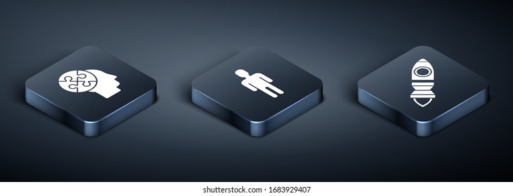 Set Isometric Human head puzzles strategy, Rocket ship with fire and User of man in business suit icon. Vector