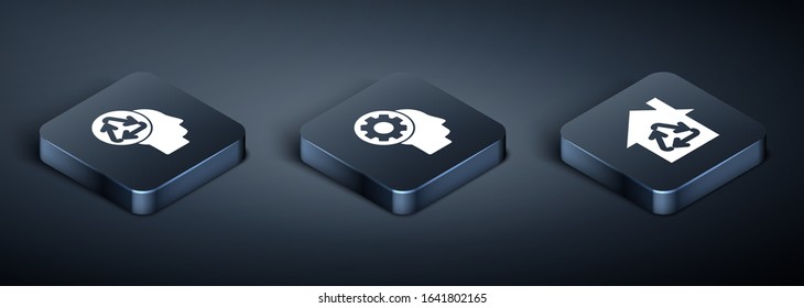 Set Isometric Human head with recycle, Eco House with recycling symbol and Human head with gear inside icon. Vector