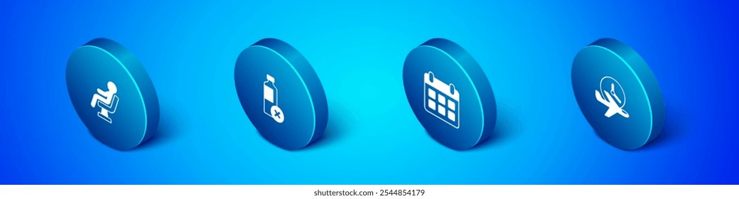 Set Isometric Human waiting in airport terminal, Calendar and airplane, Flight time and No water bottle icon. Vector