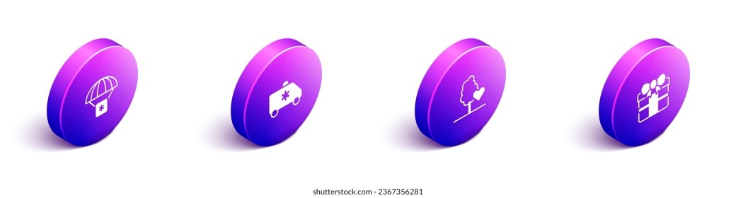 Set Isometric Humanitarian aid, Emergency car, Volunteer team planting trees and Gift box icon. Vector