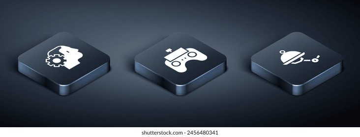 Establecer Icono de robot humanoide isométrico, camarero y control remoto. Vector