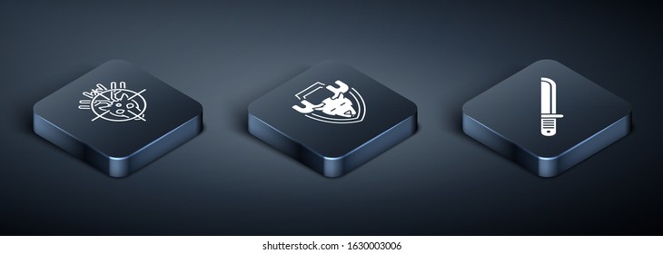 Set Isometric Hunt on deer with crosshairs, Hunter knife and Moose head on shield icon. Vector
