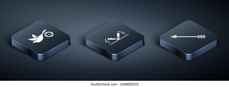 Set Isometric Hunt on duck with crosshairs, Hipster arrow and Trap hunting icon. Vector