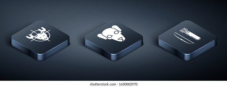 Set Isometric Hunt on moose with crosshairs, Bow and arrow in quiver and Hunting dog icon. Vector