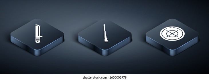 Set Isometric Hunter knife, Target sport for shooting competition and Hunting gun icon. Vector